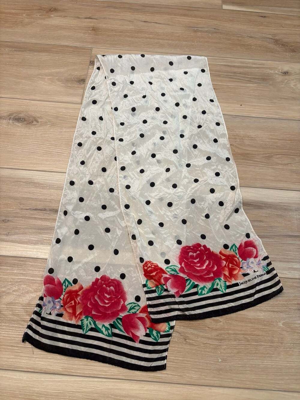 Vintage Jacqueline Ferrar Vintage Polka Dot and Floral Border Silk Scarf